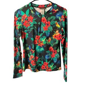 Tommy Bahama Womens Rash Guard Long Sleeve Tropical Floral Parrot Swim Shirt Med